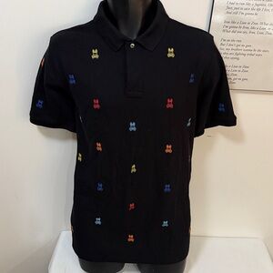 Psycho Bunny Black Polo with Multicolor Bunny Motifs